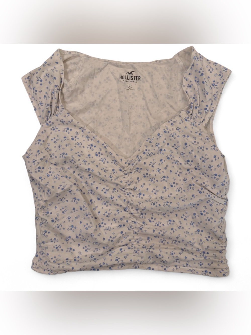 Hollister Blue Floral Ruched V-Neck Top – Size L